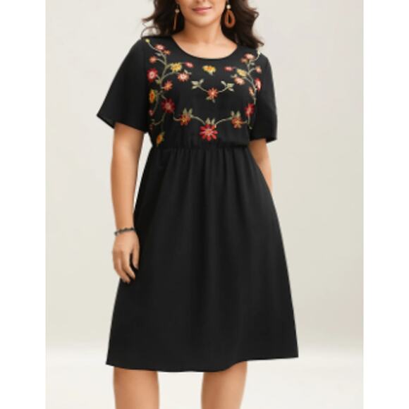 BLOOMCHIC 22-24 3X Plus Black Floral Embroidered Waist-Cinched Midi Dress b109 - Picture 1 of 11